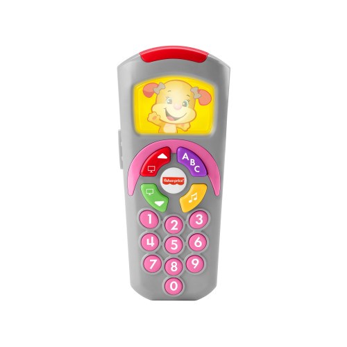 Gray plastic toy remote with pink number buttons, colorful function keys, and a yellow screen featuring a smiling puppy.