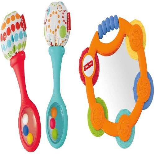 Set of colorful baby rattles with red and teal handles, polka-dot designs, and an orange tambourine with blue and green.