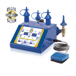 Blue and white electronic dual sizer inflator with touchscreen, two blue sizer attachments, foot pedal, and coiled silver.