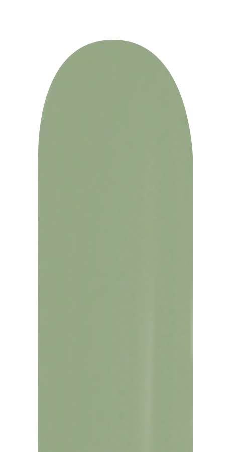 Single eucalyptus green 260 latex balloon, elongated and cylindrical shape.
