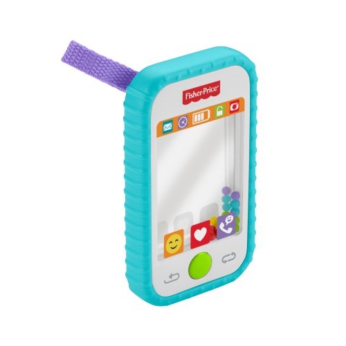 Toy phone with teal textured edges, white front, purple strap, and colorful app icons on screen.