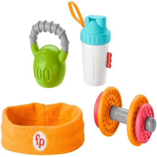 Orange soft fabric baby headband with Fisher-Price logo, green kettlebell rattle, white and blue baby bottle toy, and gray.