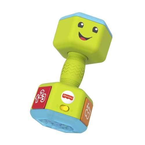 Bright green plastic dumbbell toy with smiling face, textured grip, and colorful number blocks on ends.