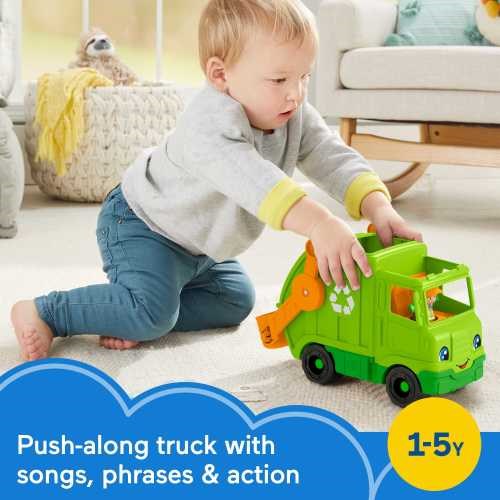 Green push-along recycling truck toy with orange lifting arm and smiling little person figure inside.