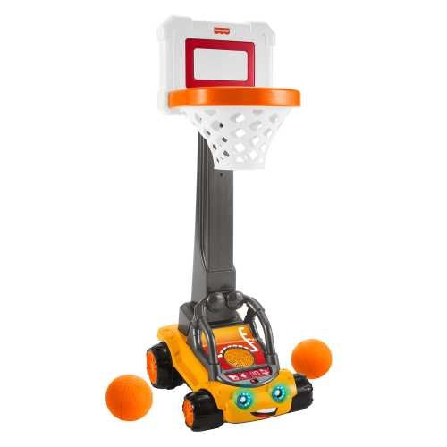 Yellow and black toy basketball hoop with orange rim, white net, and two small orange balls.