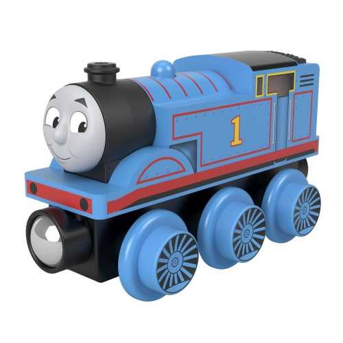 Blue wooden toy train engine with smiling face, number 1 on side, and black smokestack.