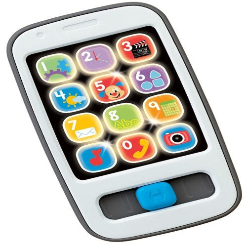 Gray plastic toy smartphone with colorful interactive buttons and sliding blue switch.