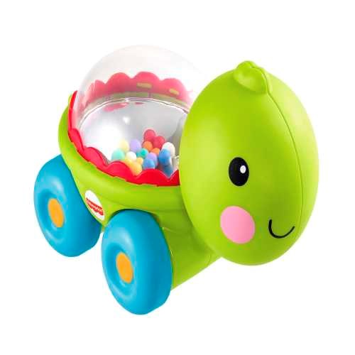 Green turtle-shaped toy with blue wheels and a clear dome filled with colorful balls.
