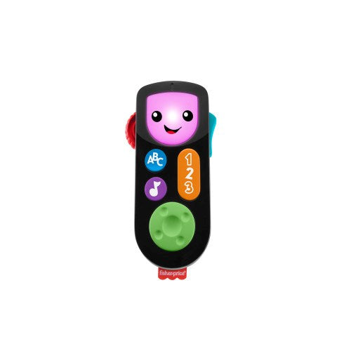 Black and green baby remote toy with smiling screen and colorful buttons labeled ABC, music note, 1 2 3.