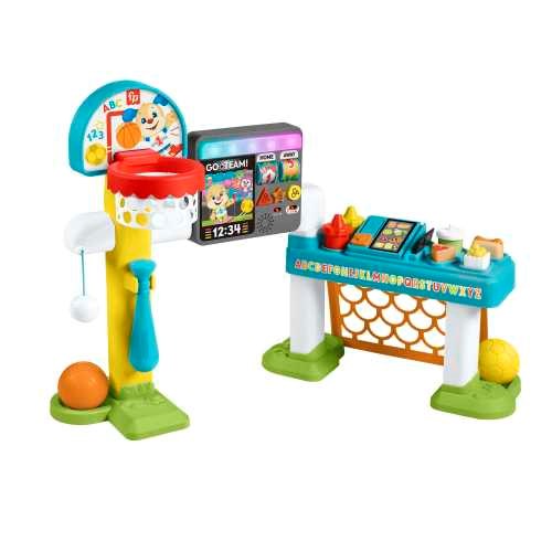 Colorful Fisher-Price 4-in-1 game set with basketball hoop, scoreboard, mallet, and market stand on green bases.