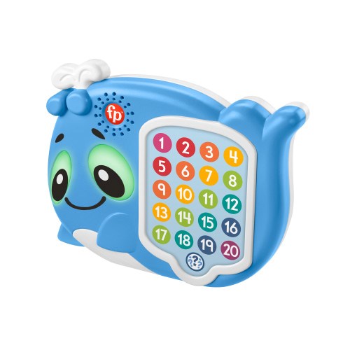 Blue whale-shaped educational toy with large eyes, colorful numbered buttons, and white water spout detail.