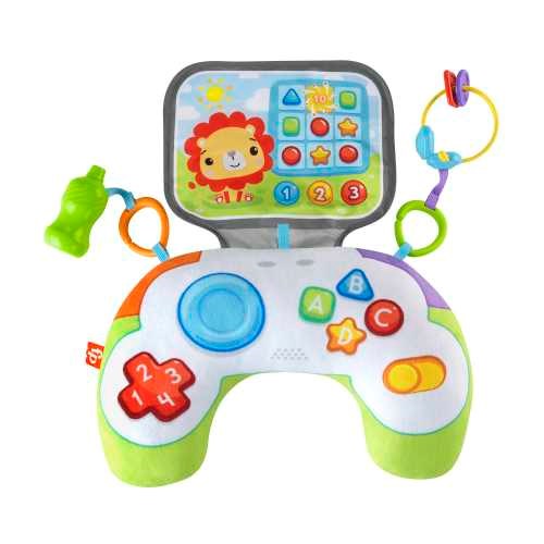 White and green baby tummy wedge shaped like a game controller with colorful buttons and a lion-themed activity panel on top.