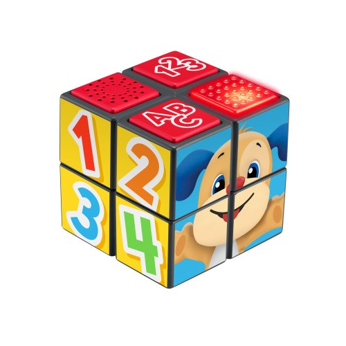 Colorful plastic activity cube featuring a smiling puppy face, numbers 1-4, and light-up buttons.