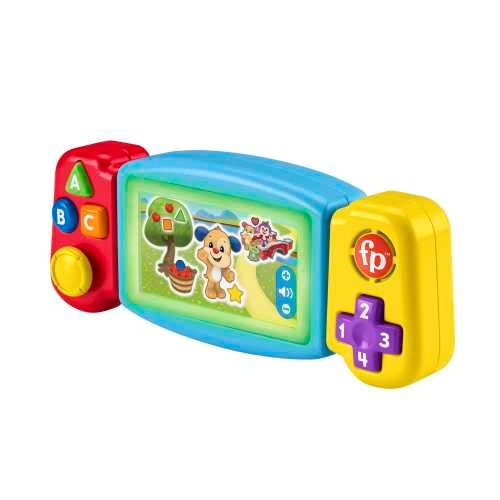 Colorful plastic baby toy shaped like a handheld game console with red, yellow grips and interactive buttons.