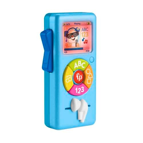 Blue handheld toy music player with colorful ABC, 123, and music buttons and white earbuds.