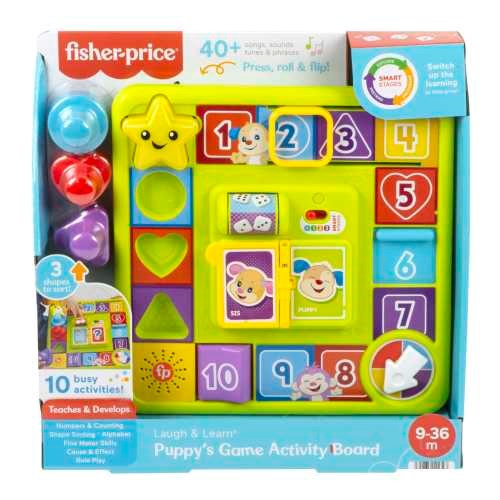 Colorful plastic activity board featuring numbers, shapes, buttons, and interactive moving pieces designed for toddlers.
