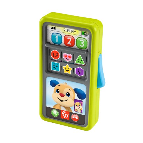 Bright green toy smartphone with colorful number and shape buttons, smiling puppy face on screen.