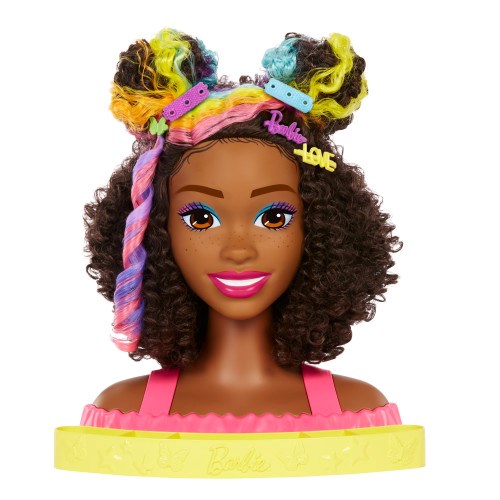 Barbie Styling Head with dark curly hair, colorful yarn wrapped in two buns, and pink lipstick on a yellow stand.