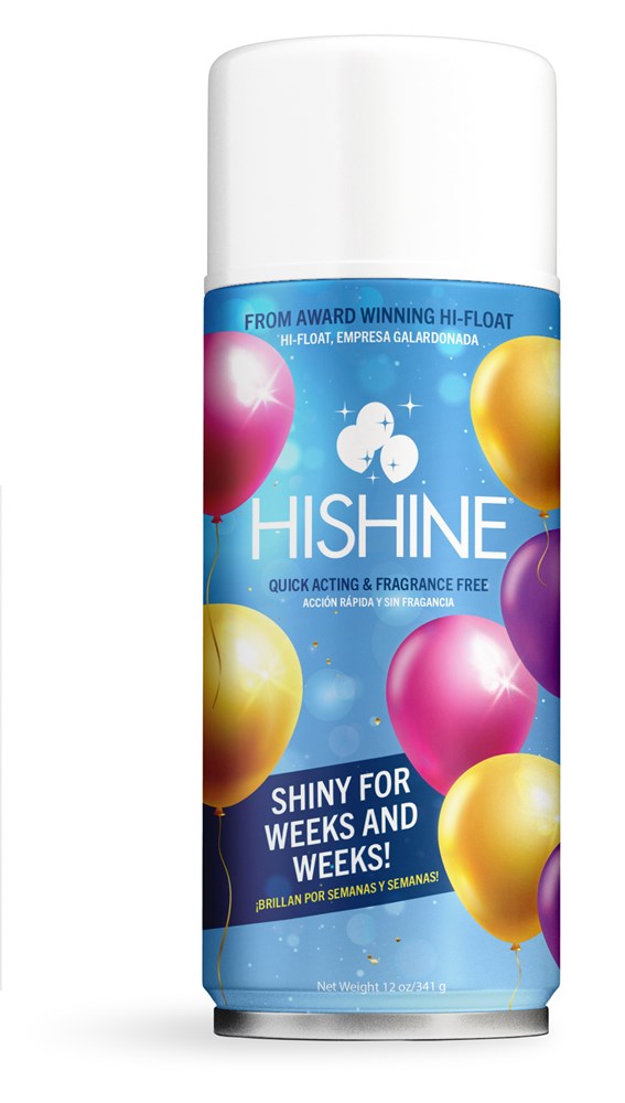 12oz white aerosol can with blue label, colorful balloons, and "Hi-Shine" text for long-lasting shine spray.