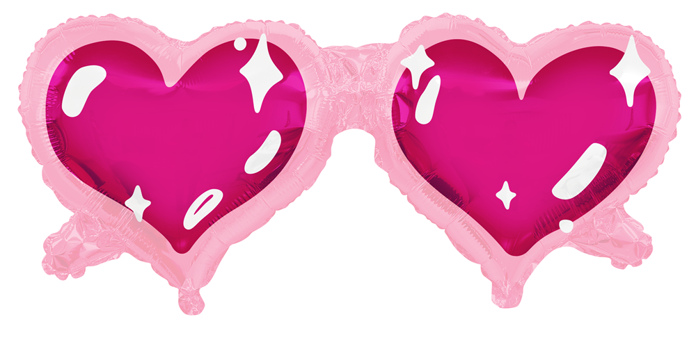 Bright pink foil balloon shaped like oversized heart-shaped sunglasses with light pink frames and glossy shine details.