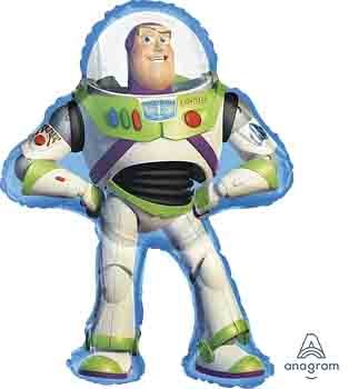 Foil balloon shaped like Buzz Lightyear in white, green, and purple space suit with hands on hips.