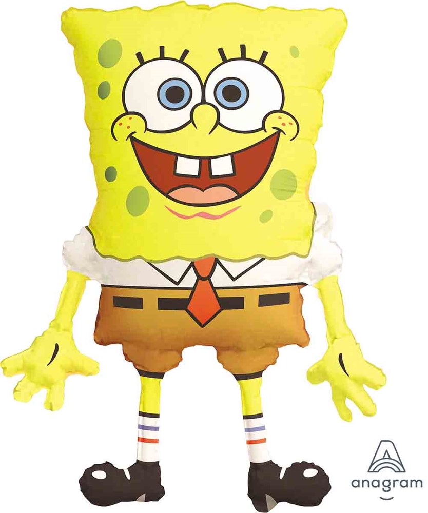 Yellow foil balloon shaped like SpongeBob SquarePants with blue eyes, brown pants, red tie, and white shirt.