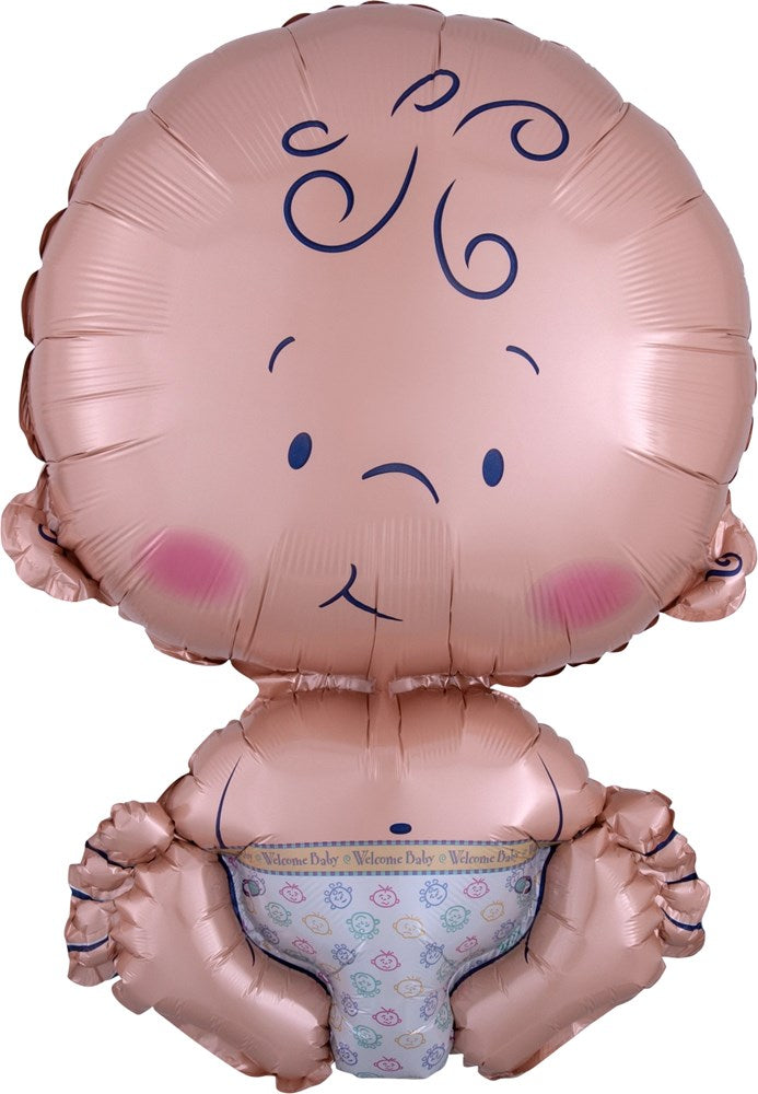 Round pink foil balloon shaped like a baby with blushing cheeks and wearing a patterned diaper.