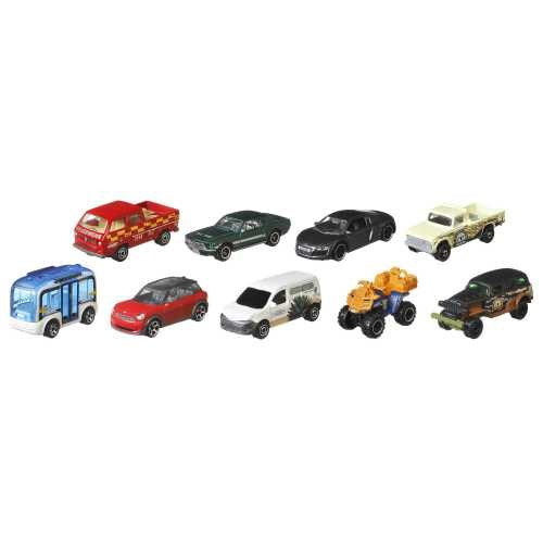Nine colorful miniature toy vehicles including a red fire truck, blue bus, red compact car, white van, black and green cars,