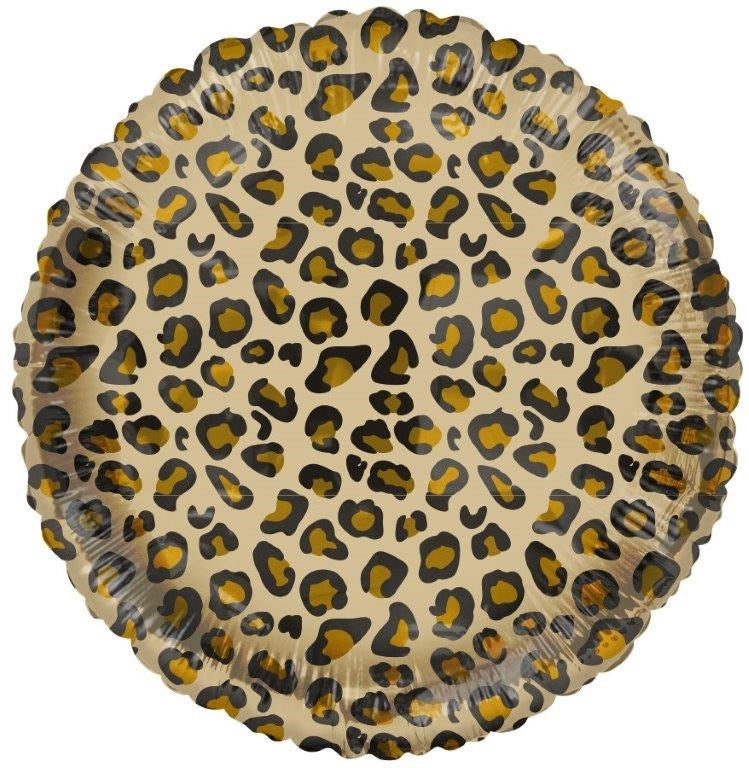 18-inch round foil balloon with leopard print pattern in yellow, black, and brown tones.