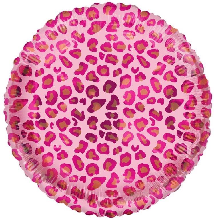 18-inch round foil balloon with bright pink and dark pink leopard print pattern.