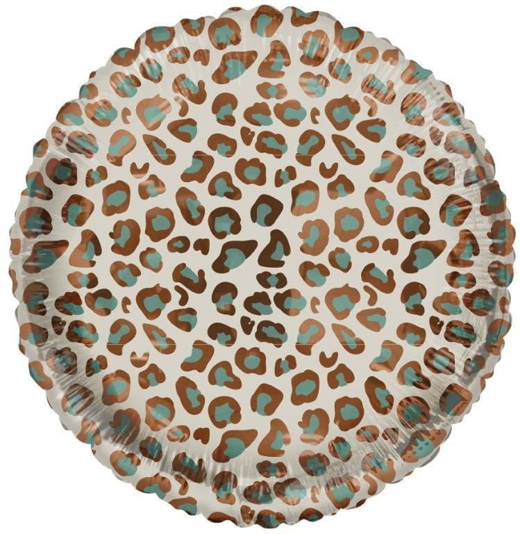 18-inch round foil balloon with metallic leopard print in brown and turquoise accents.