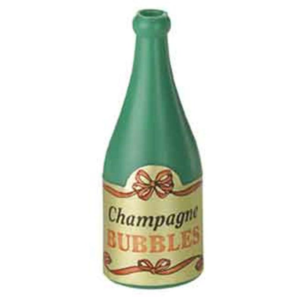Green ceramic bottle with gold label reading Champagne Bubbles and decorative red bows.