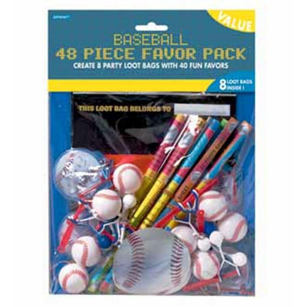48-piece baseball-themed favor pack with mini baseballs, colorful pencils, and blue party bags.