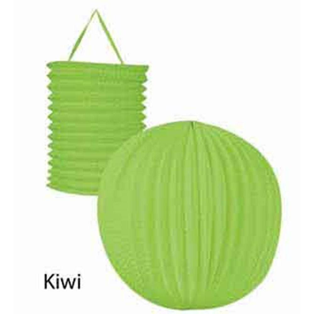 Green Chinese paper lanterns in cylindrical and round shapes with hanging strings.