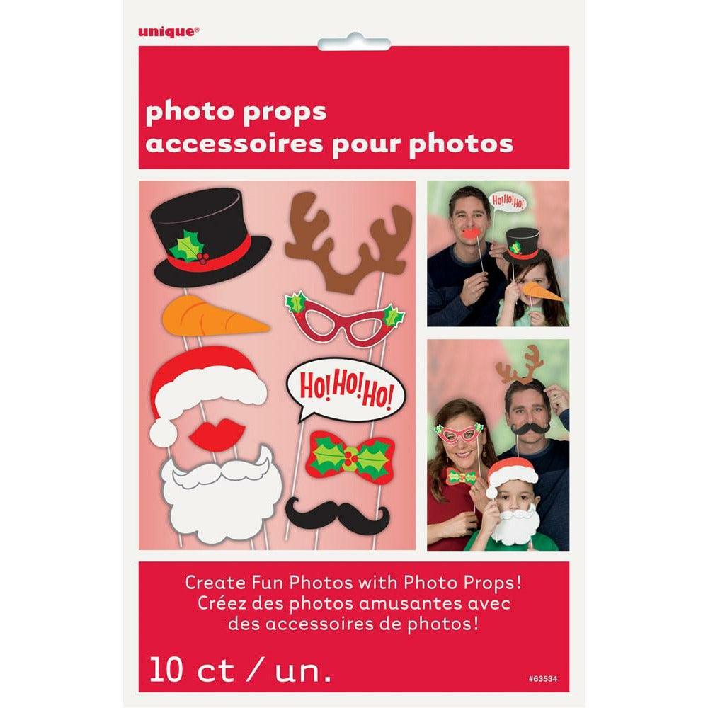 Set of 10 colorful Christmas photo props including Santa beard, glasses, reindeer antlers, carrot nose, top hat, and festive .