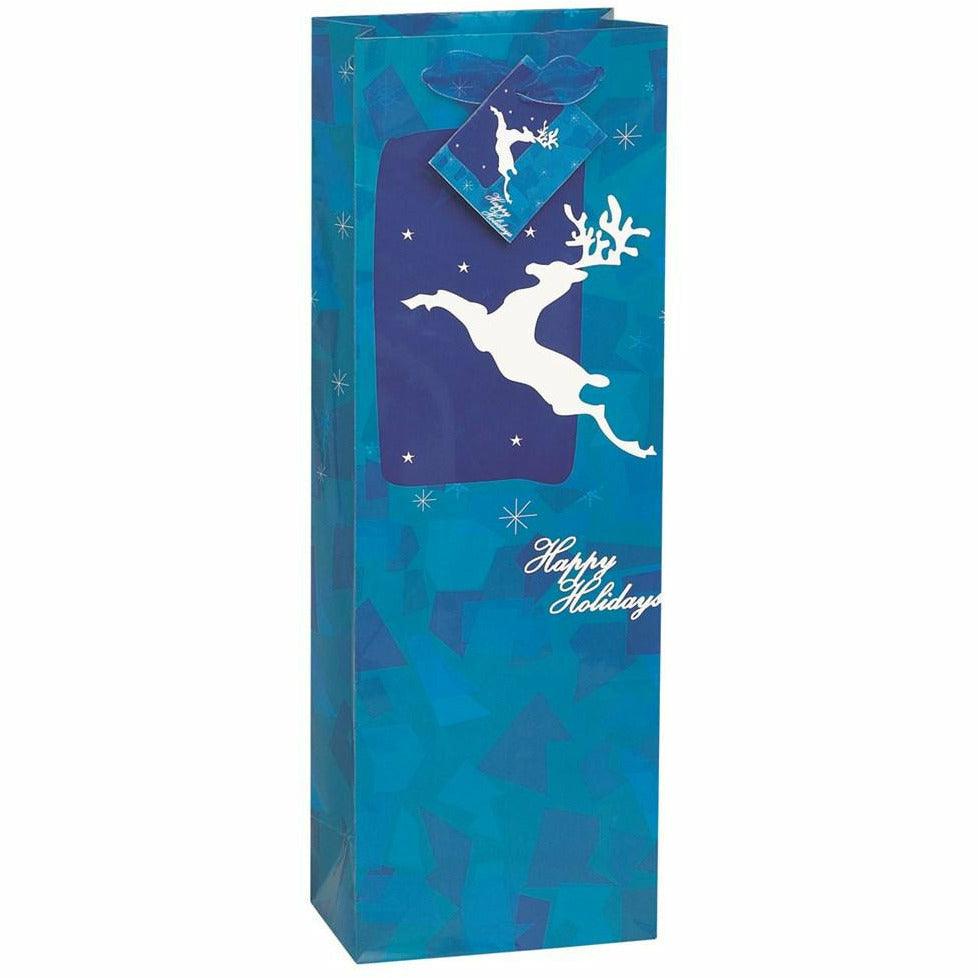 Blue holiday-themed wine gift bag with white reindeer and "Happy Holidays" text.