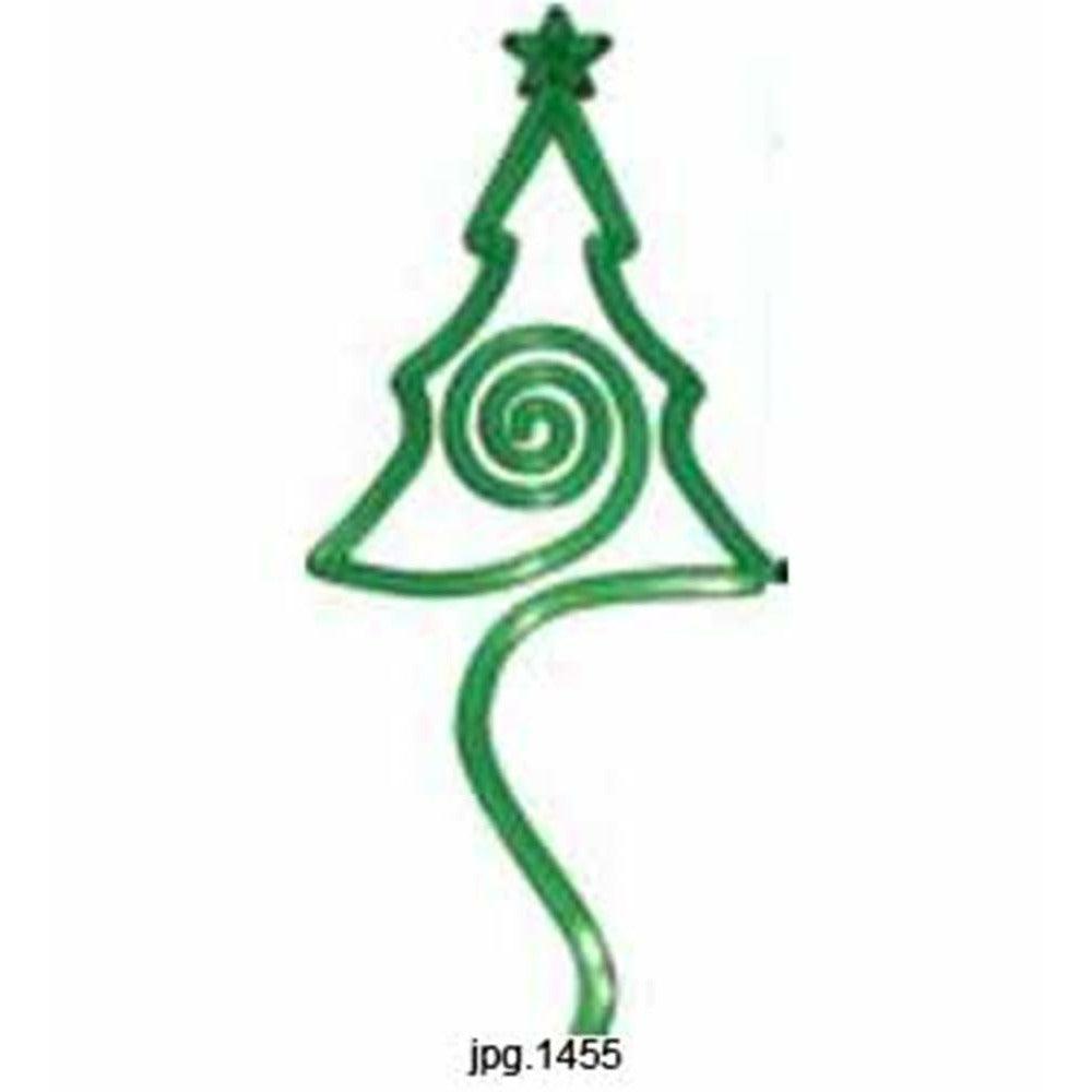 Green metal wire Christmas tree card holder with a star on top and spiral center design.