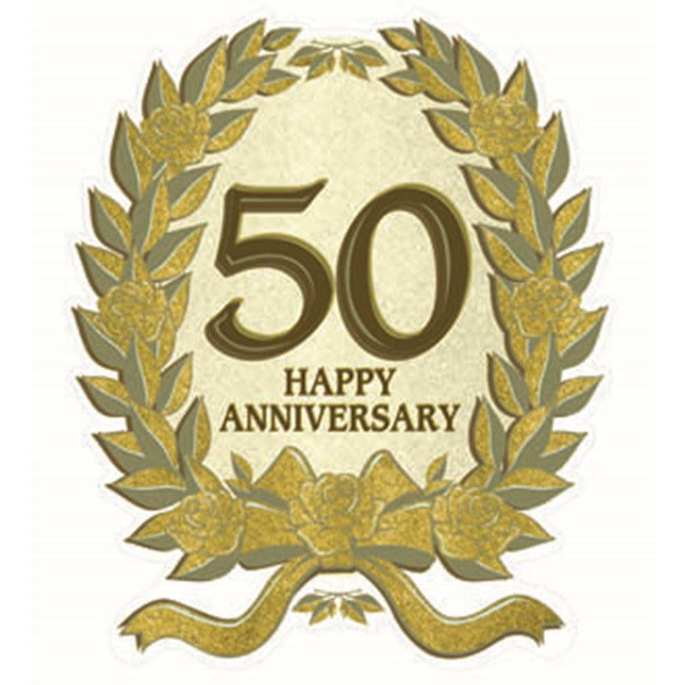 Gold glitter laurel wreath with "50 Happy Anniversary" in metallic gold on cream background.