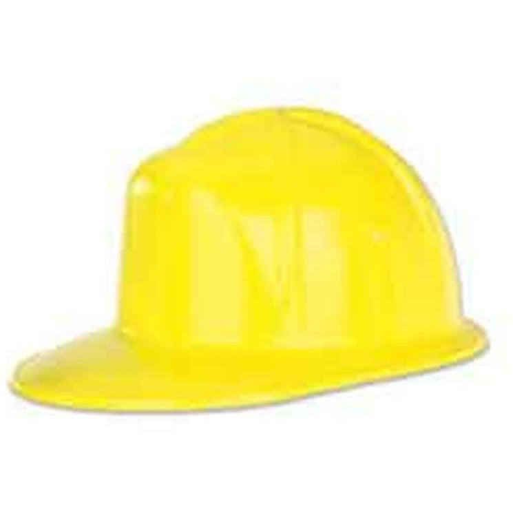Bright yellow plastic construction helmet with smooth dome and wide brim, kid-sized.