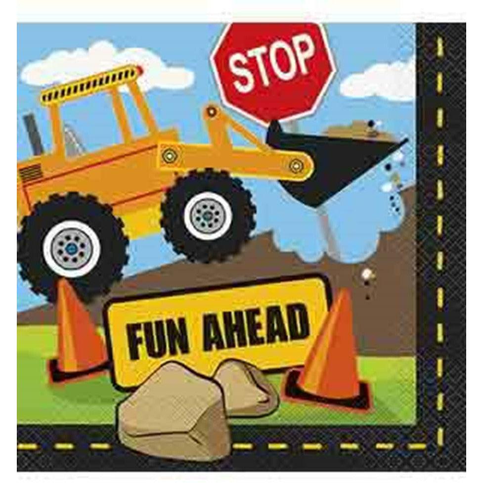 Square party napkin with yellow construction loader, stop sign, traffic cones, rocks, and "Fun Ahead" text.