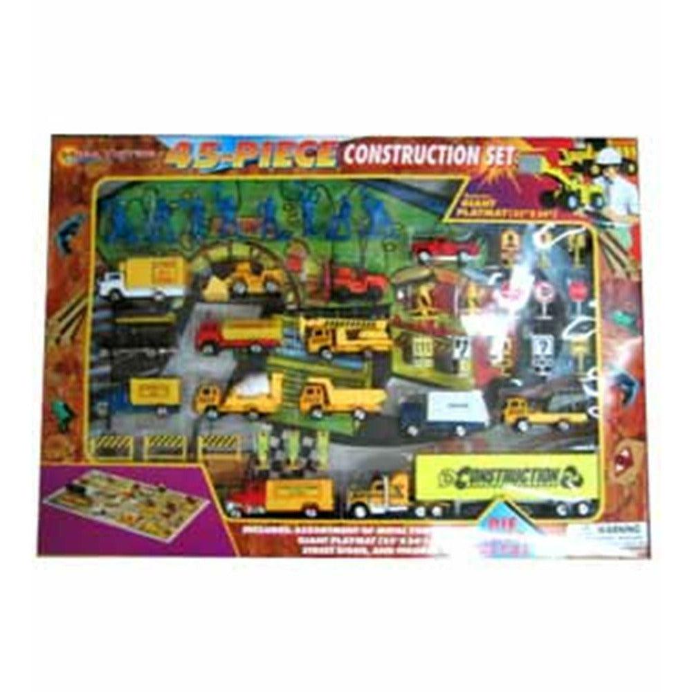 45-piece construction play set with yellow die-cast vehicles and accessories in a colorful box.