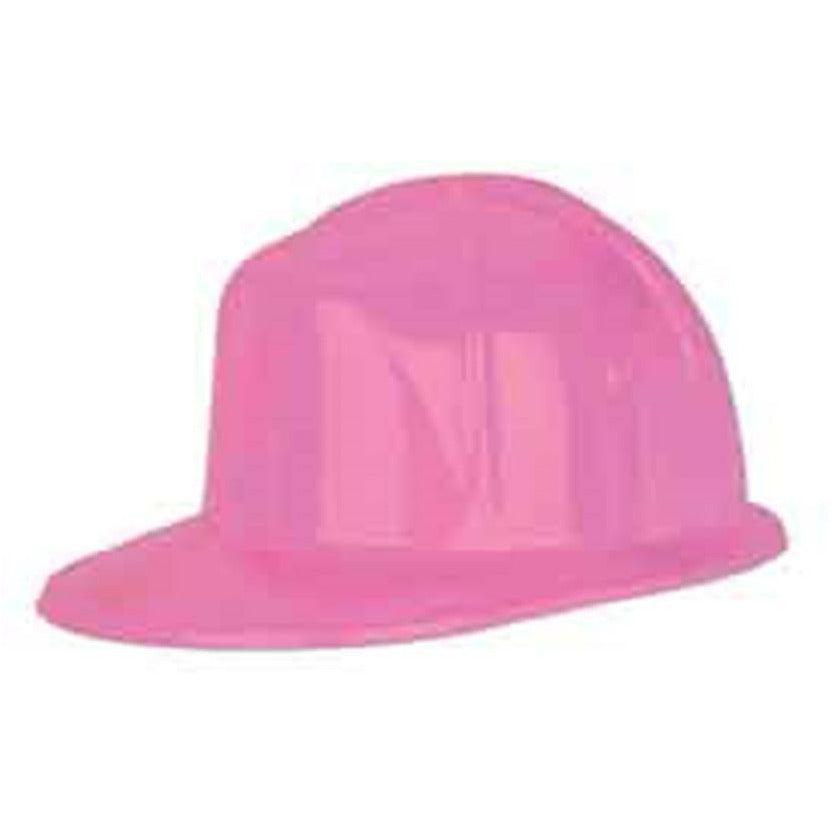 Bright pink plastic construction helmet with a wide brim and smooth surface.