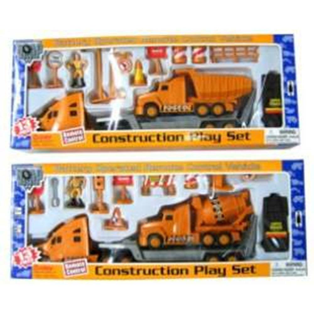 13-piece kids construction play set with orange dump truck, cement mixer, and various tools in packaging.