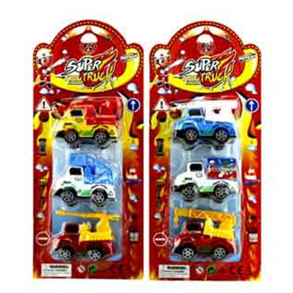 Three-pack of 2.75-inch miniature construction trucks in yellow, blue, and white, packaged on red backing cards with "Super.