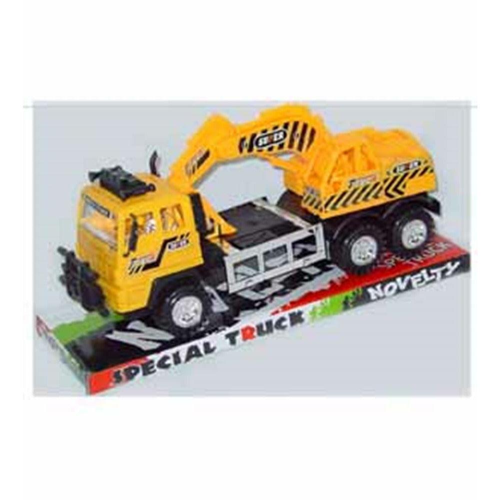 Yellow and black toy backhoe construction truck with detailed cab and movable arm on display base.