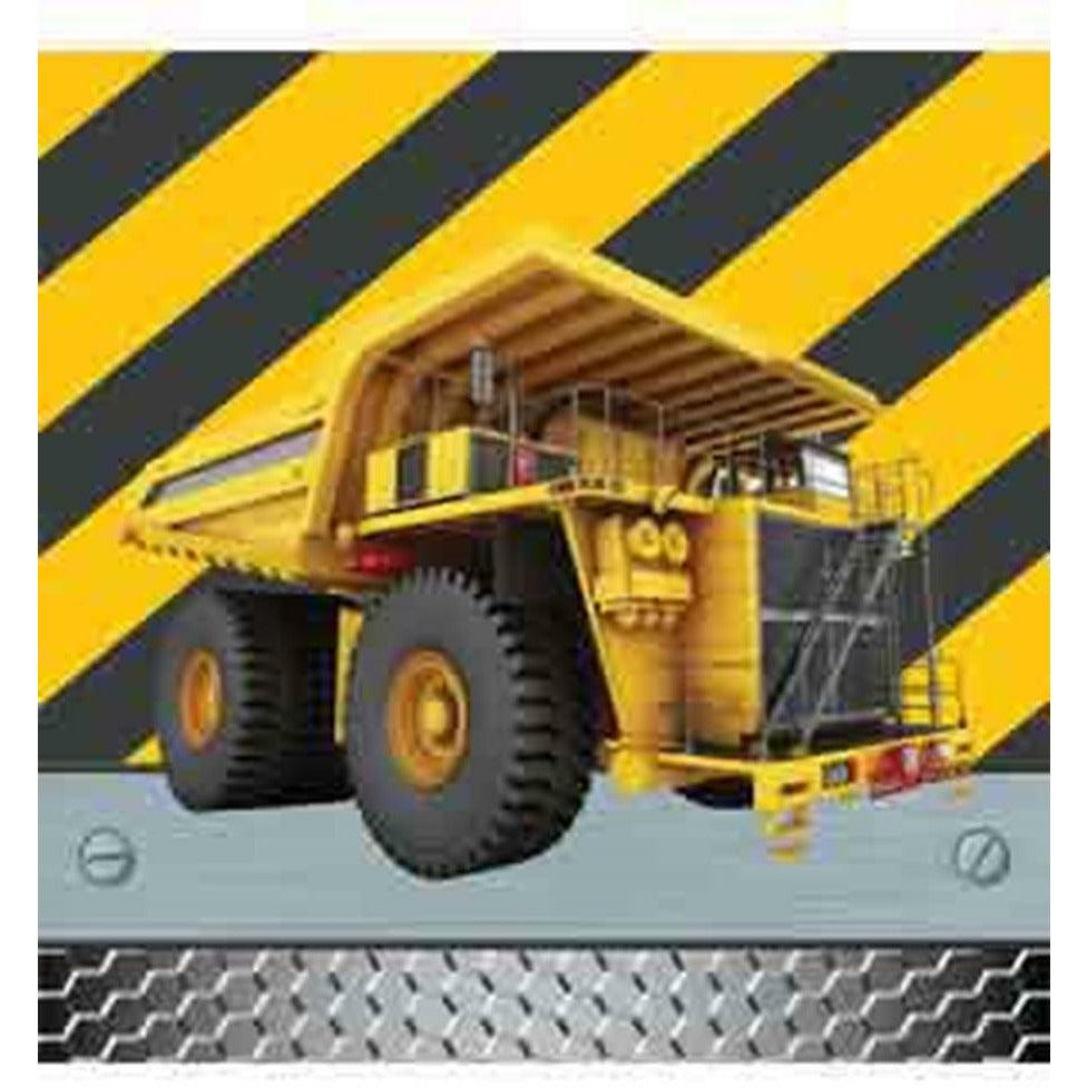 Yellow construction dump truck with large black tires on a black and yellow striped background.