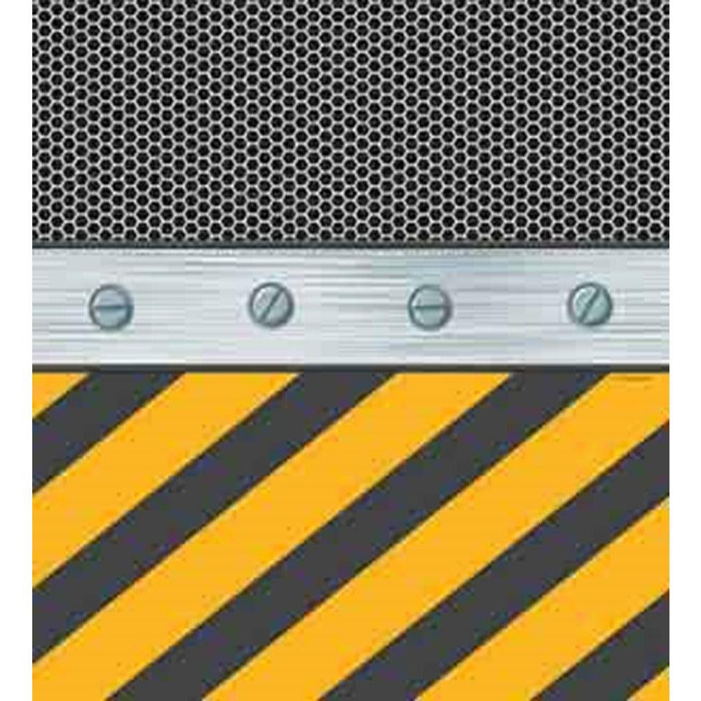 Construction-themed tablecover with black honeycomb pattern, silver riveted metal strip, and yellow-black diagonal stripes.