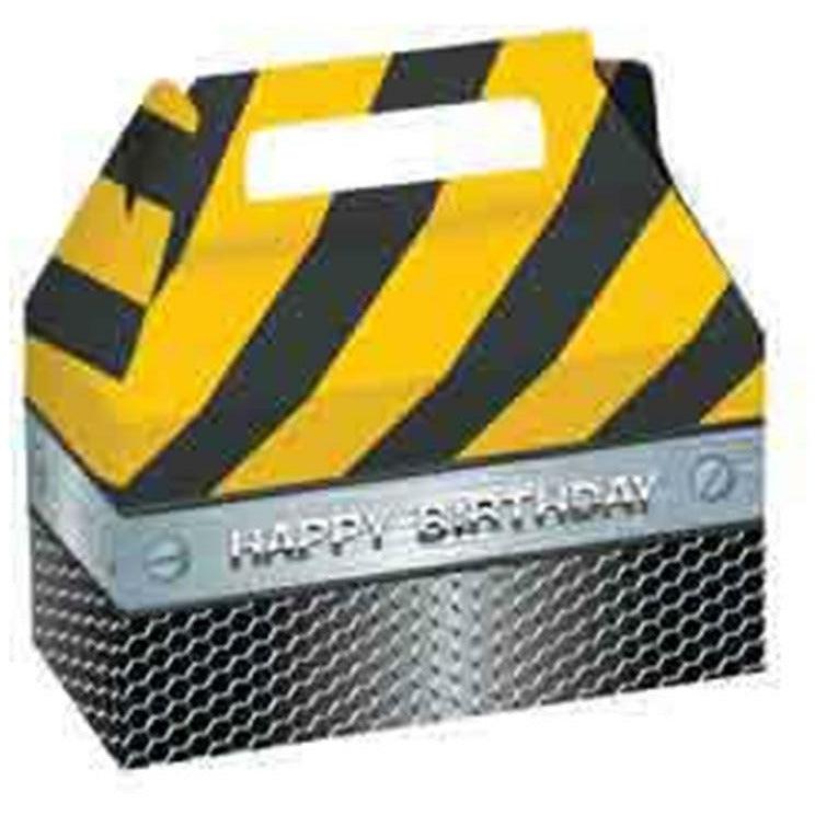 Construction-themed party favor box with yellow and black caution stripes and "Happy Birthday" text on metallic base.