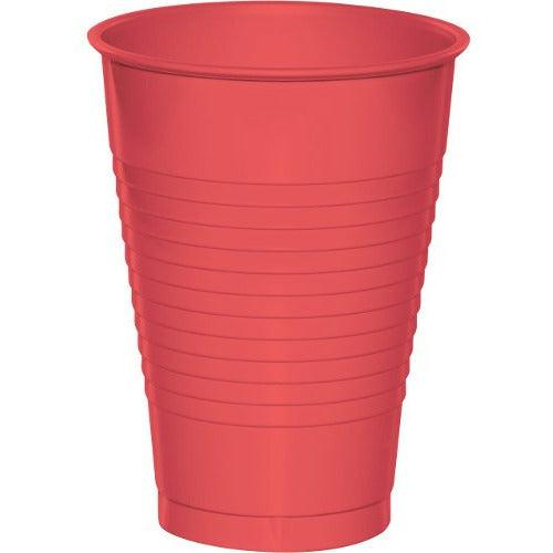 Coral-colored plastic cup with ribbed design, 12oz capacity.