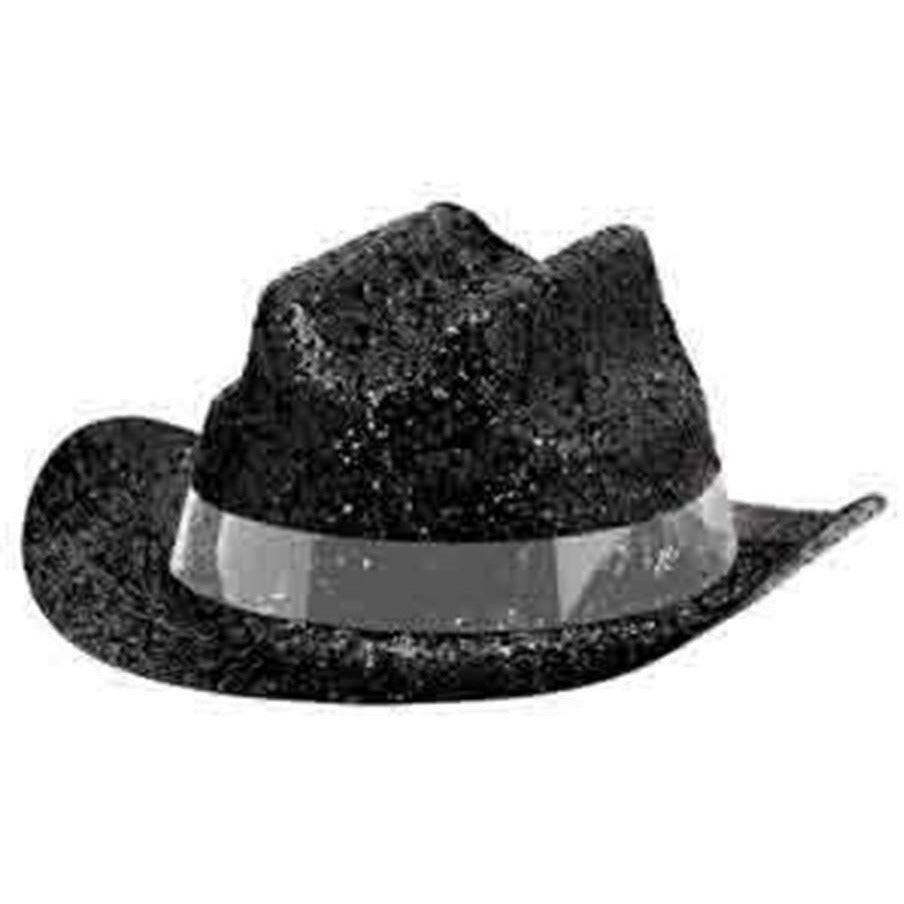 Black glittery mini cowboy hat with silver band around the base.